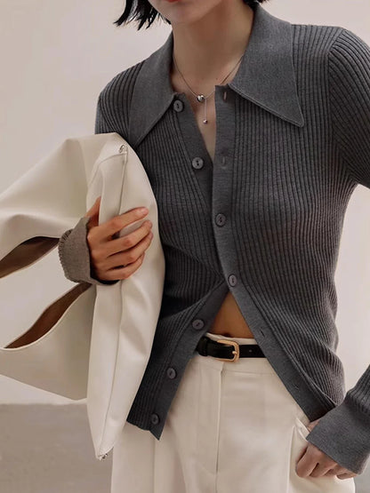Oldmoney Style Ribbed Lapel Slim Cardigan
