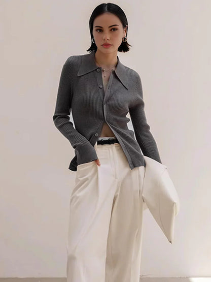 Oldmoney Style Ribbed Lapel Slim Cardigan