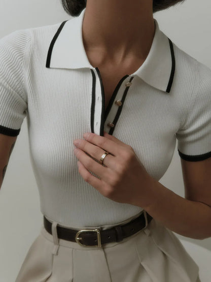 Contrast Trim Metal Button Knit Top