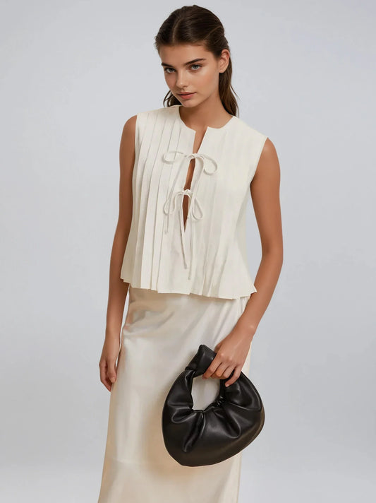 Pleated Knotted Sleeveless Blouse