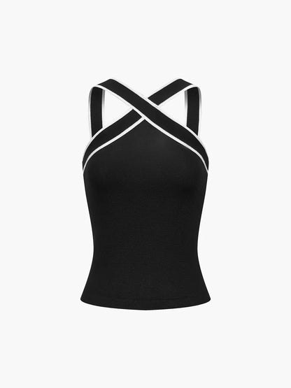 Contrast Color Cross V-neck Sling Top