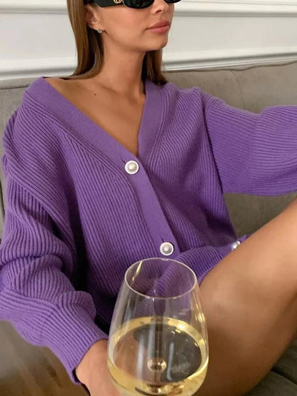 Solid Color Long-sleeved Pearl Oversized Cardigan