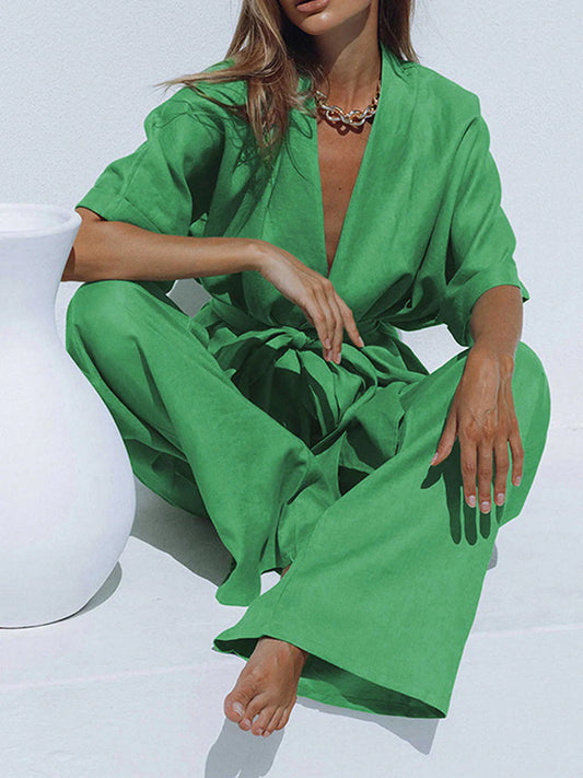 Belt Design Oversized Linen Tied Two Piece Pants Set