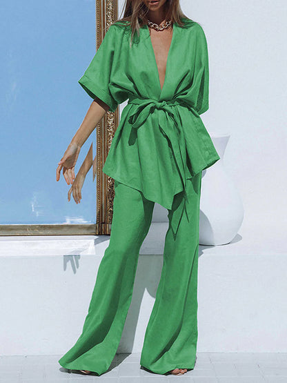 Belt Design Oversized Linen Tied Two Piece Pants Set