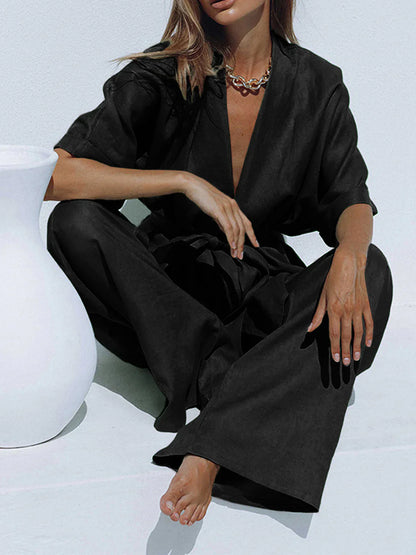 Belt Design Oversized Linen Tied Two Piece Pants Set