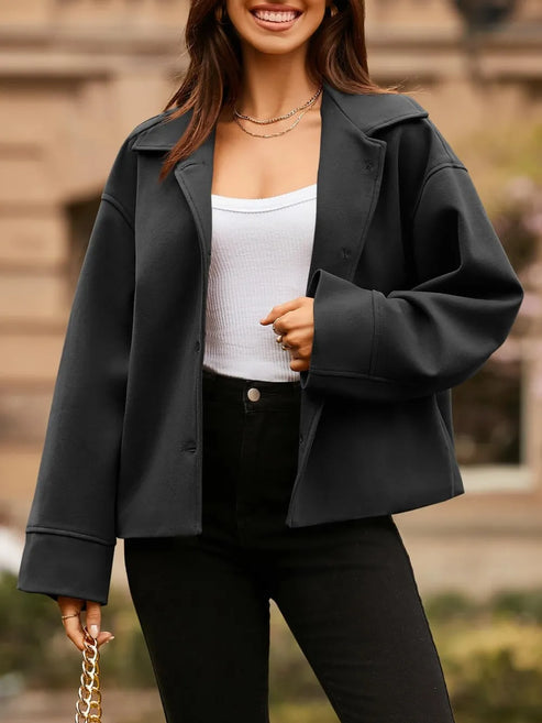 Lapel Collar Cropped Buttoned Jacket