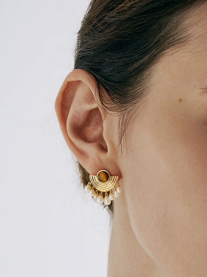 Elegant Pearl and Tiger Eye Earrings