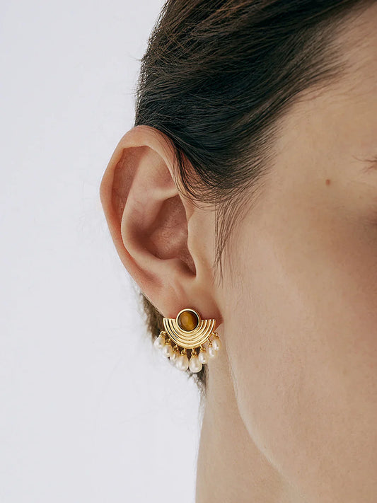Elegant Pearl and Tiger Eye Earrings