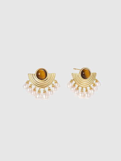Elegant Pearl and Tiger Eye Earrings