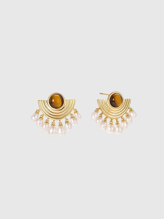Elegant Pearl and Tiger Eye Earrings