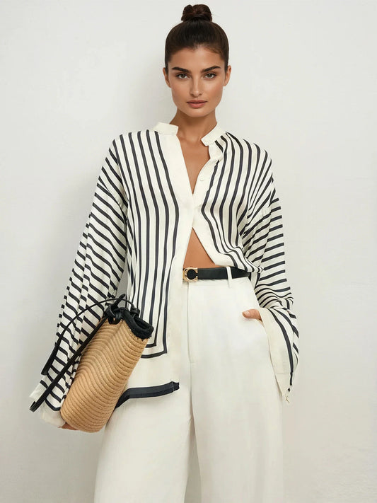 Round Neck Striped Oversized Button-Up Blouse