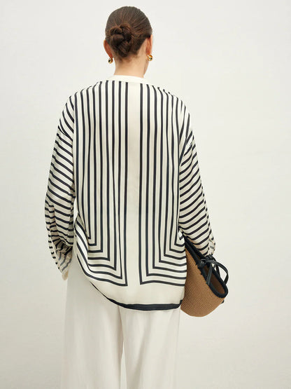 Round Neck Striped Oversized Button-Up Blouse