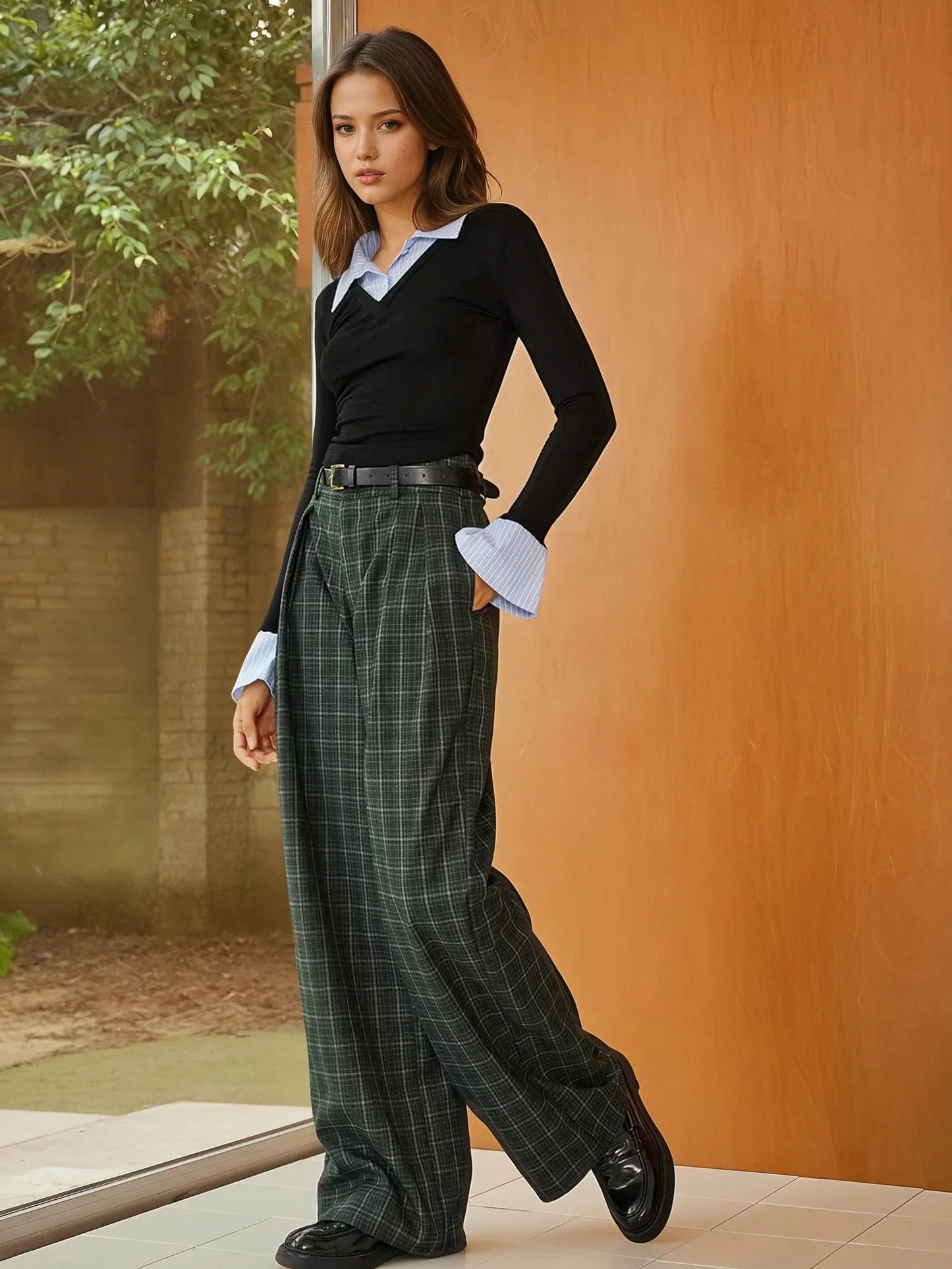 Layered Contrast-Collar Knit Top with Shirt Detail