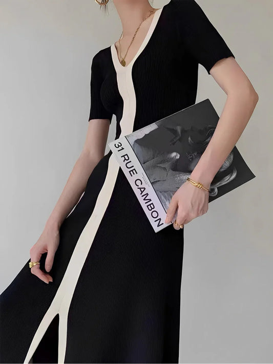 Always Elegant Contrast-Trim Midi Dress