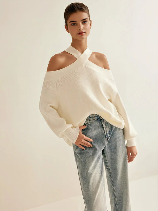 Off-Shoulder Crisscross Knit Sweater Top