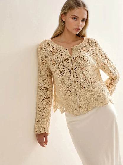 Vintage Crochet Lace Cardigan With Scalloped Edge Details