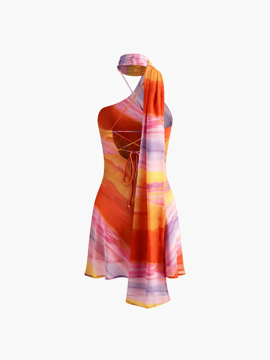 Semi-Sheer Halter Backless Tie Dye Short Dress