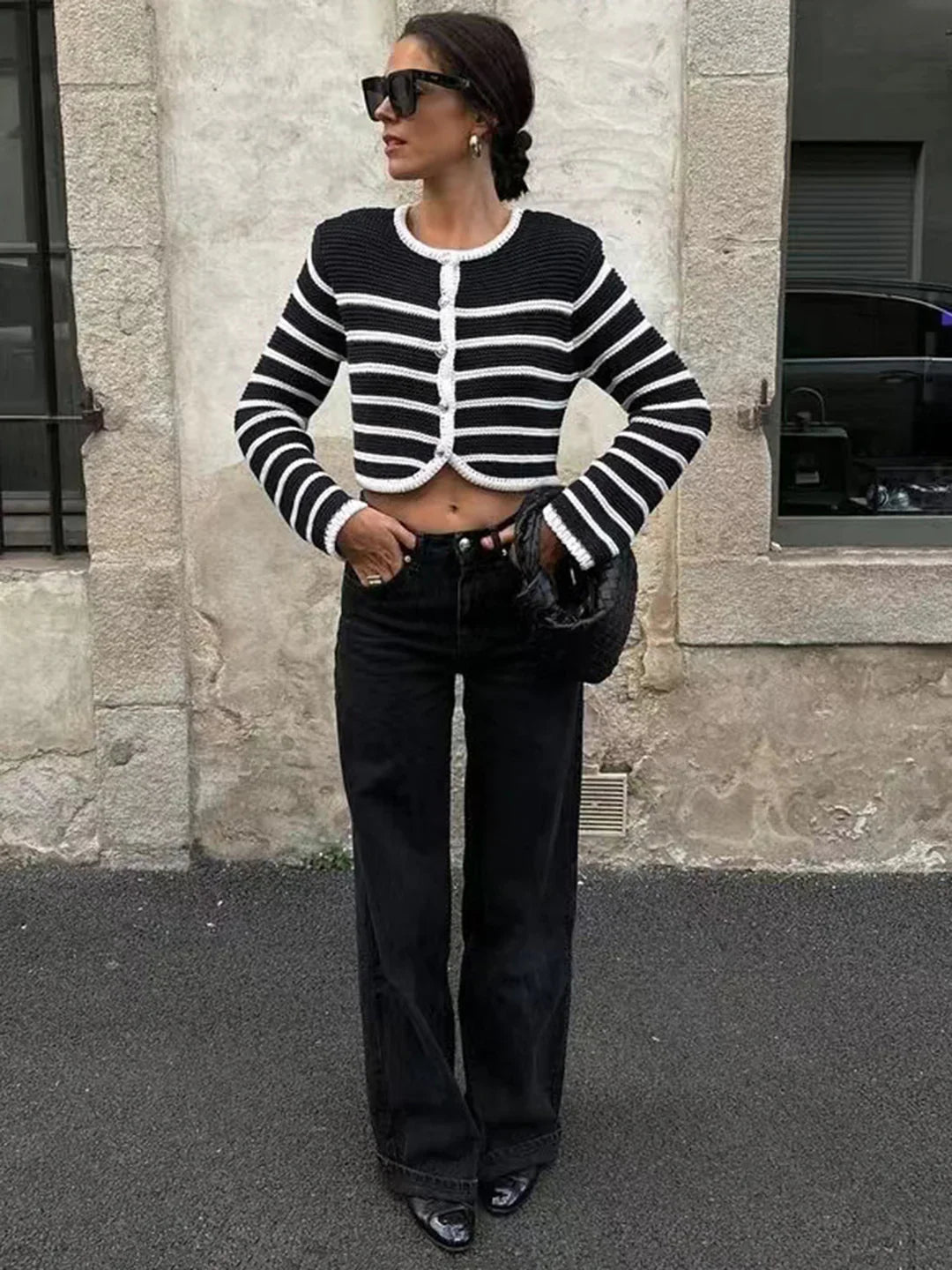 Round Neck Striped Buckle Cardigan