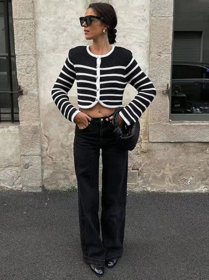 Round Neck Striped Buckle Cardigan