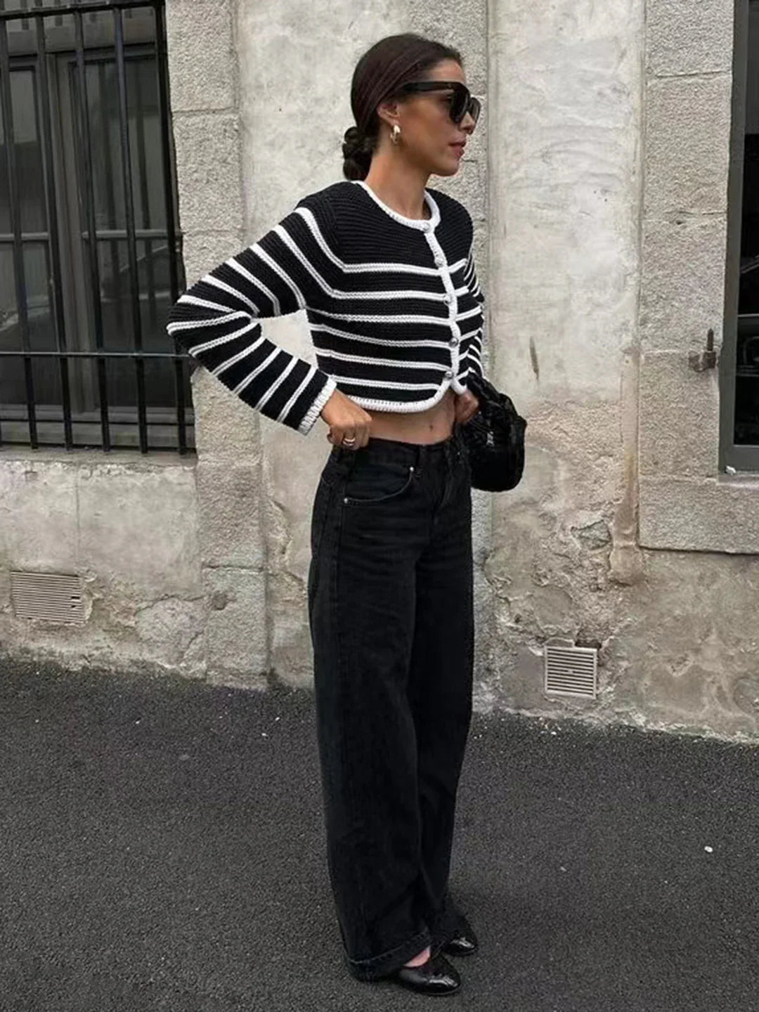 Round Neck Striped Buckle Cardigan