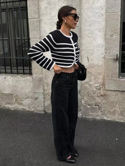 Round Neck Striped Buckle Cardigan