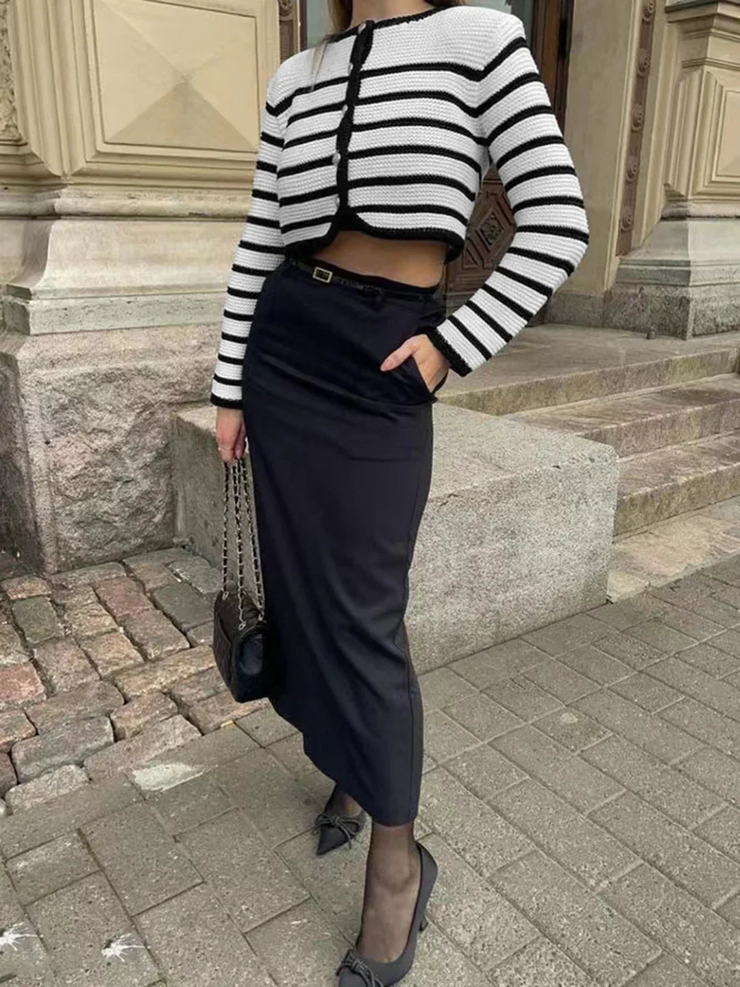 Round Neck Striped Buckle Cardigan