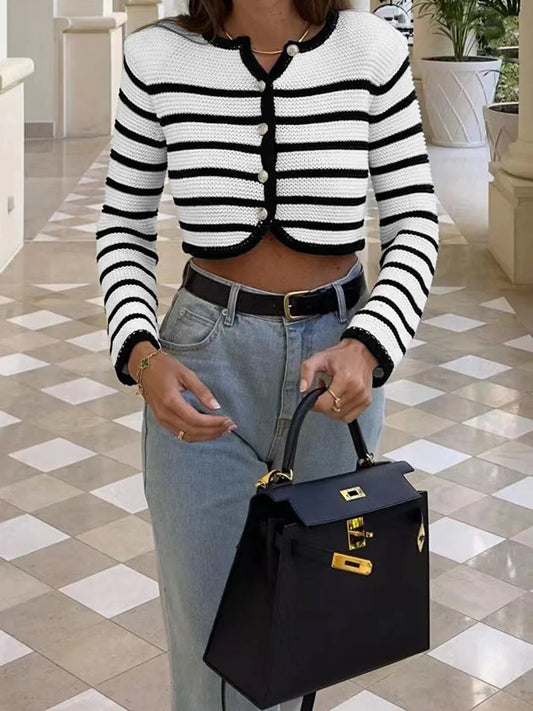 Round Neck Striped Buckle Cardigan