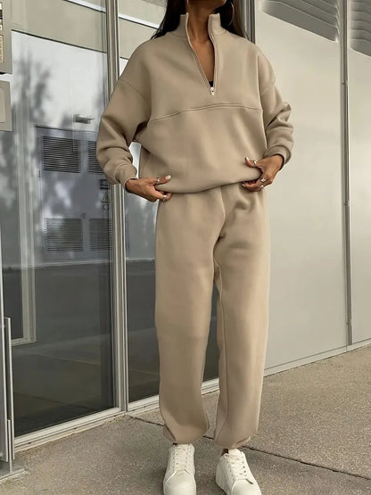 Lapel Solid Color Zipped Casual Matching Set