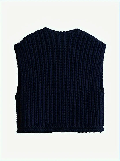 Pocket Sleeveless Short Knitted Cardigan Vest