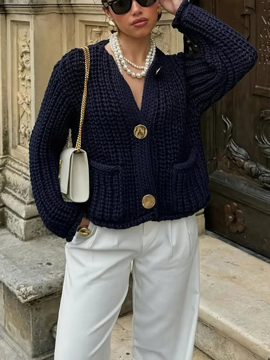 Navy Blue Elegant Hollow Cardigan