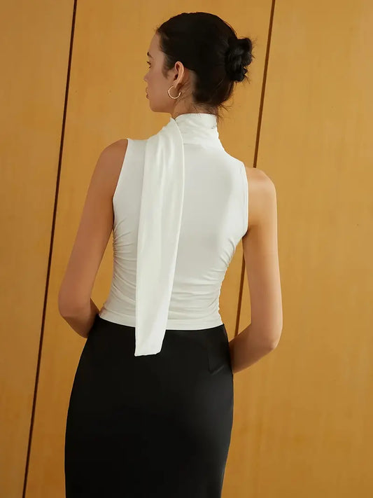 Collar Ribbon Spaghetti Sleeveless V-neck Top