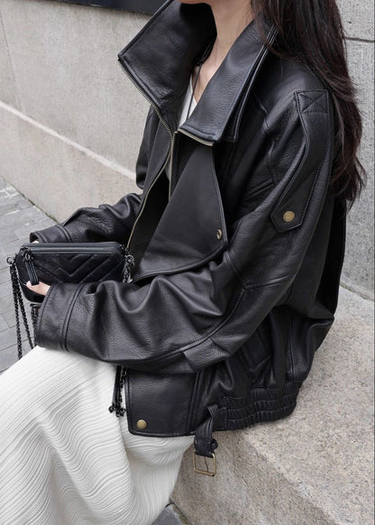 Aurora – Oversized Black Leather Jacket with Belt Detail