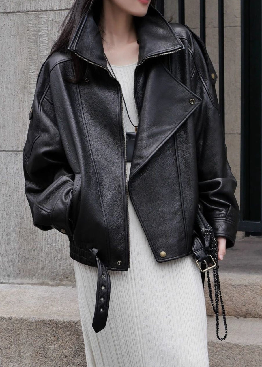 Aurora – Oversized Black Leather Jacket with Belt Detail