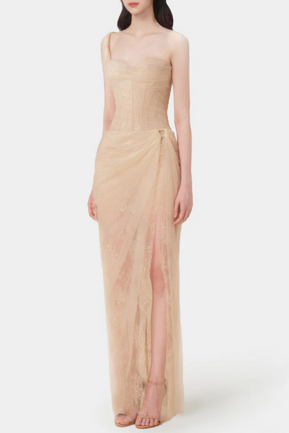 Inina Lace Corset One Shoulder Midi Dress - Beige