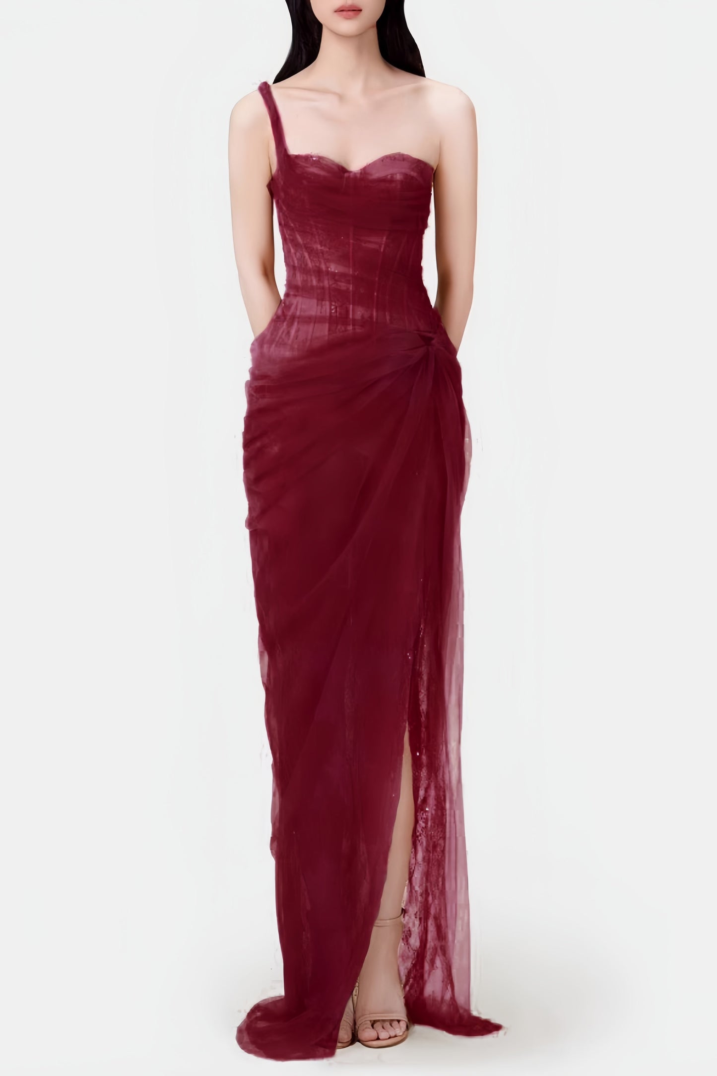 Inina Lace Corset One Shoulder Midi Dress - Wine