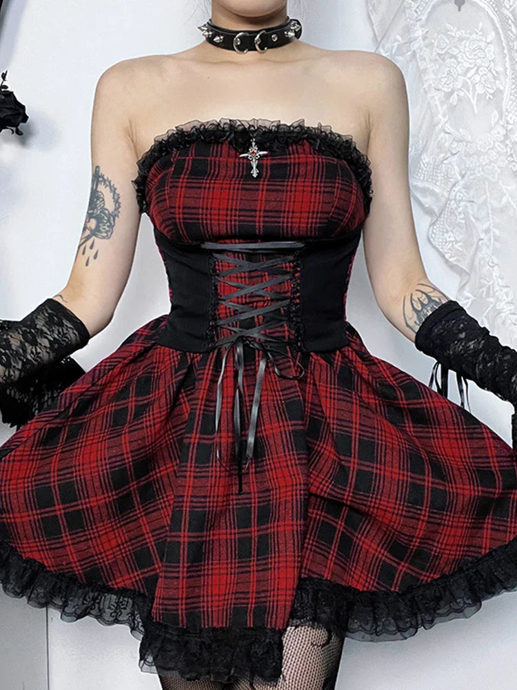 Gothic Contrast Straples Tube Top Bodycon Dress