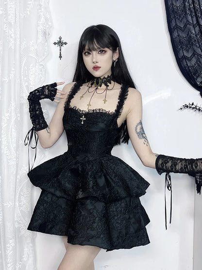 Jacquard Double Cake Suspender Vintage Lace Trim Backless A-Line Mini Sexy Club Cami Dress