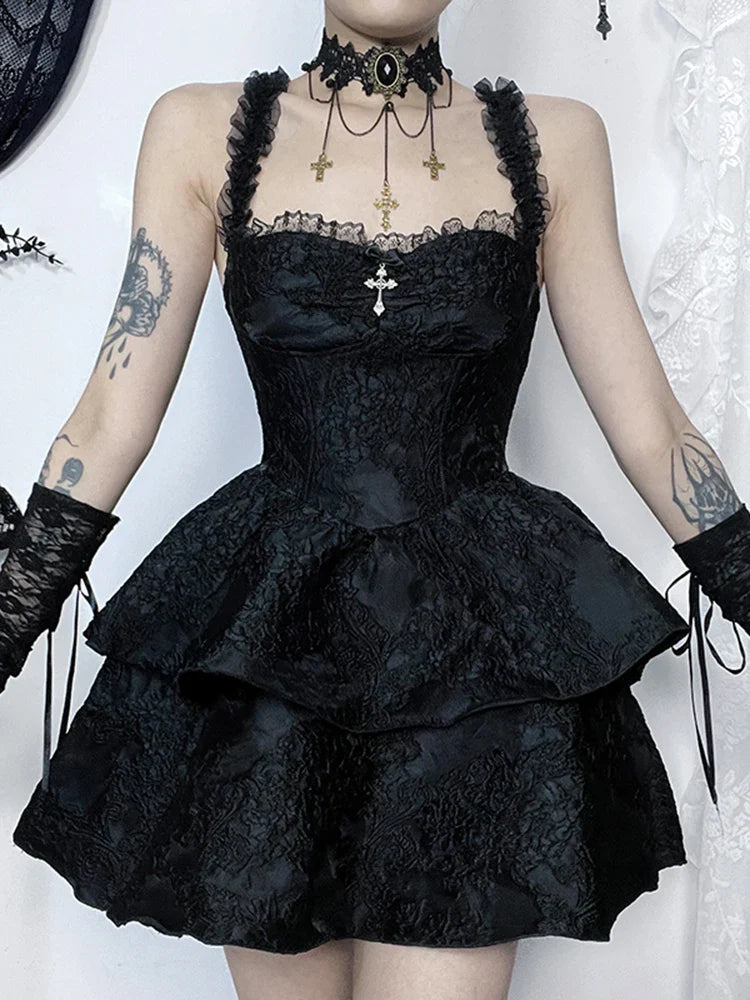 Jacquard Double Cake Suspender Vintage Lace Trim Backless A-Line Mini Sexy Club Cami Dress
