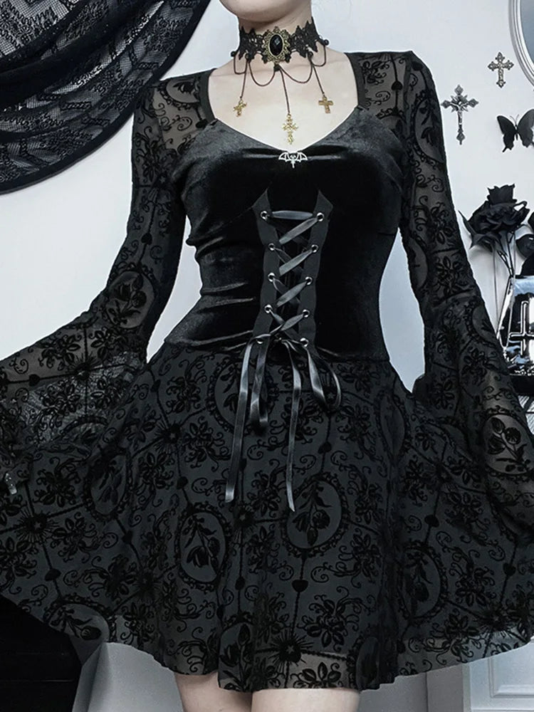 Long Sleeve Ruffle Mini Vintage V Neck Velvet Stretchy Bodycon Cocktail Victorian Dress
