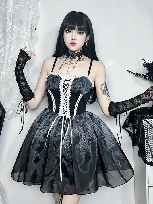 Gothic Spliced Printed Suspender Corset A Line Vintage Sexy Kawaii Mini Dress