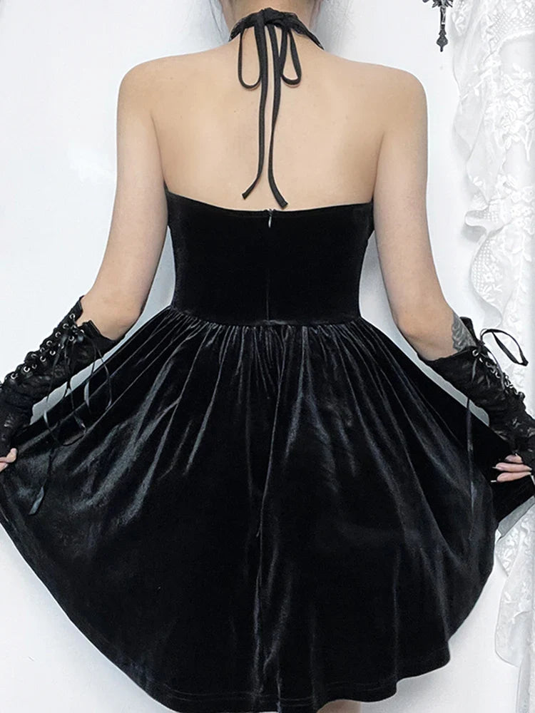 Velvet Criss-Cross Halter Vintage Draped Lace Sleeveless Bodycon Backless A-Line Dress