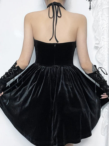 Velvet Criss-Cross Halter Vintage Draped Lace Sleeveless Bodycon Backless A-Line Dress