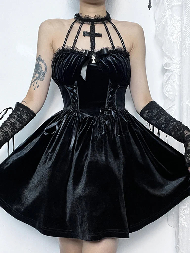 Velvet Criss-Cross Halter Vintage Draped Lace Sleeveless Bodycon Backless A-Line Dress