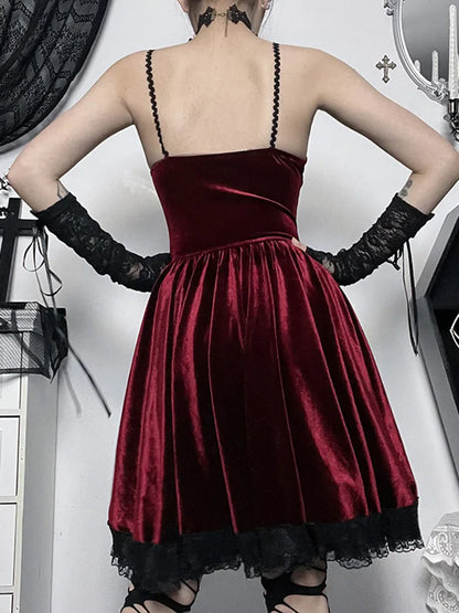 Gothic Velvet Vintage Spaghetti Strap Lace Up Romantic Casual Fashion Dress