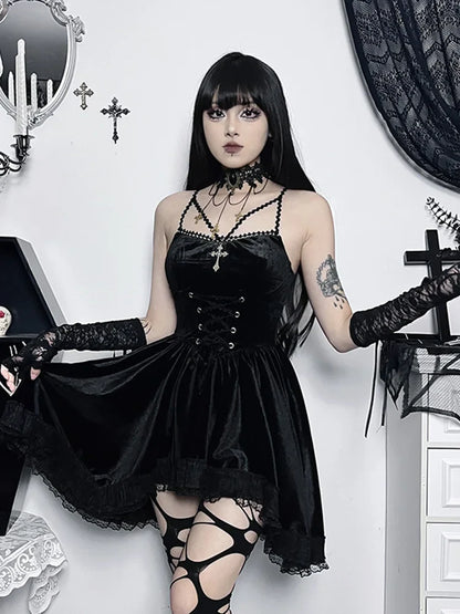 Gothic Velvet Vintage Spaghetti Strap Lace Up Romantic Casual Fashion Dress