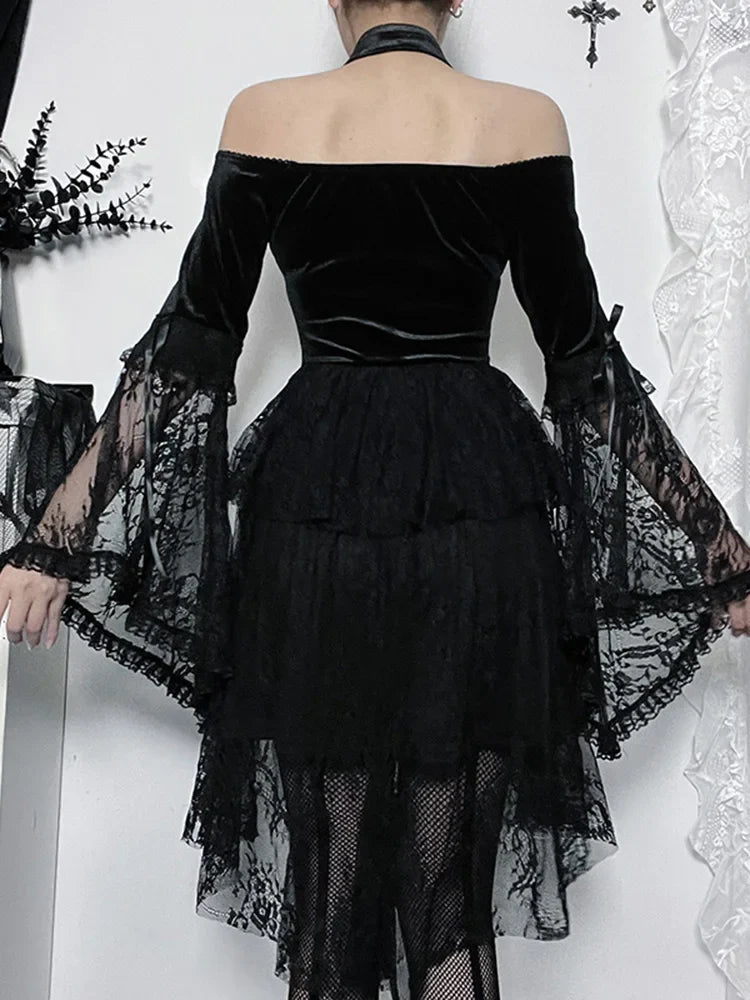 Gothic Vintage Off Shoulder Lace Cocktail Party Velvet Mesh Long Sleeves Halloween Cosplay Dress