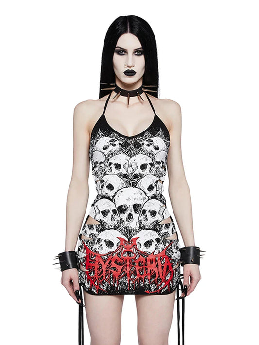 Y2K Skull Print Plus Size Punk Hollow Out Sleeveless Strap Drawstring Sling Party Cami Dress
