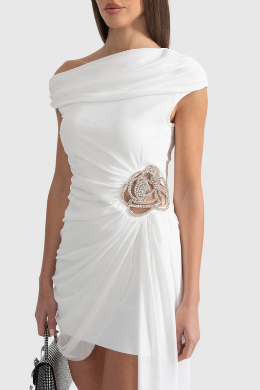 Janett One Shoulder Floral Embellished Mini Dress - White