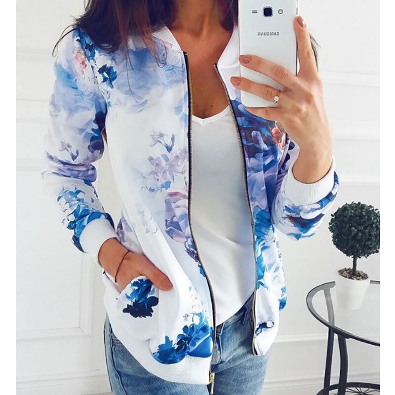 DressBetty - Flower Print Long Sleeve Zipper Jacket