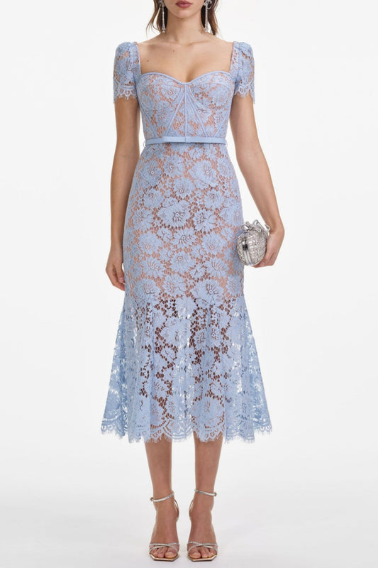 Josef Lace Bow Belted Midi Dress - Blue